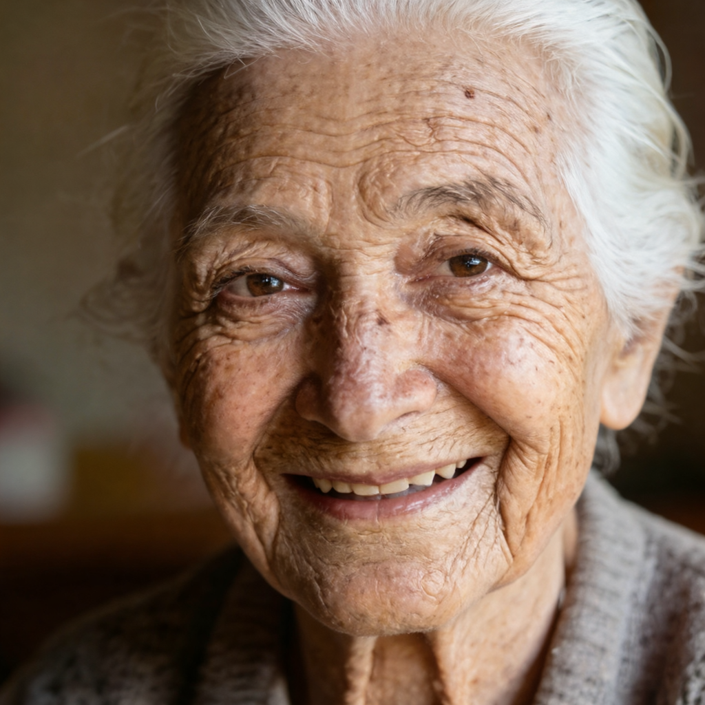 An elderly woman in her 80s with deep wrinkles and white hai