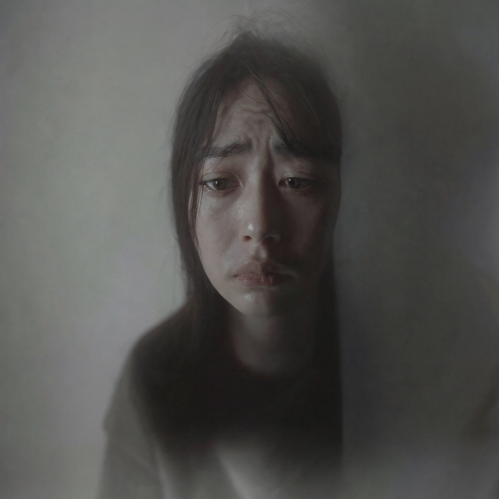 A face showing quiet melancholy — downcast eyes, slightly dr