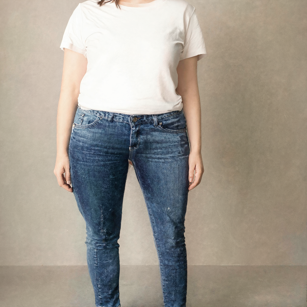 A woman standing upright in a relaxed pose, arms at her side