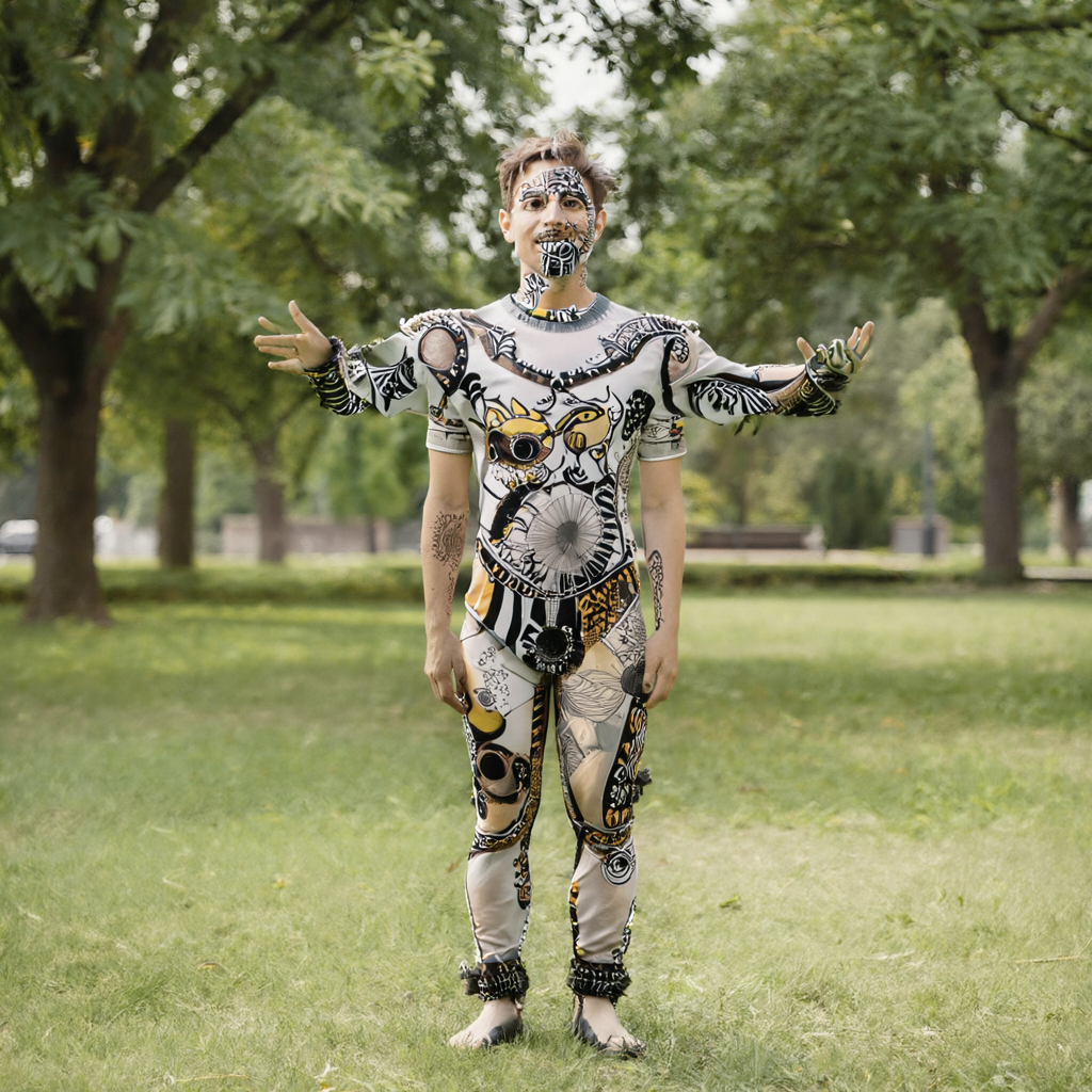 A person standing in a neutral pose in a park, full body vis