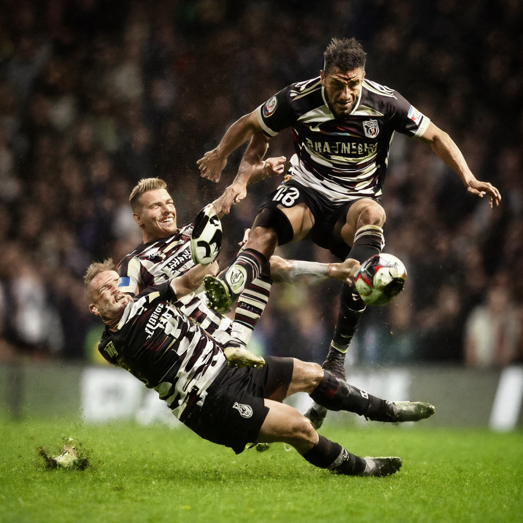 Two soccer players mid-tackle, one sliding and the other jum