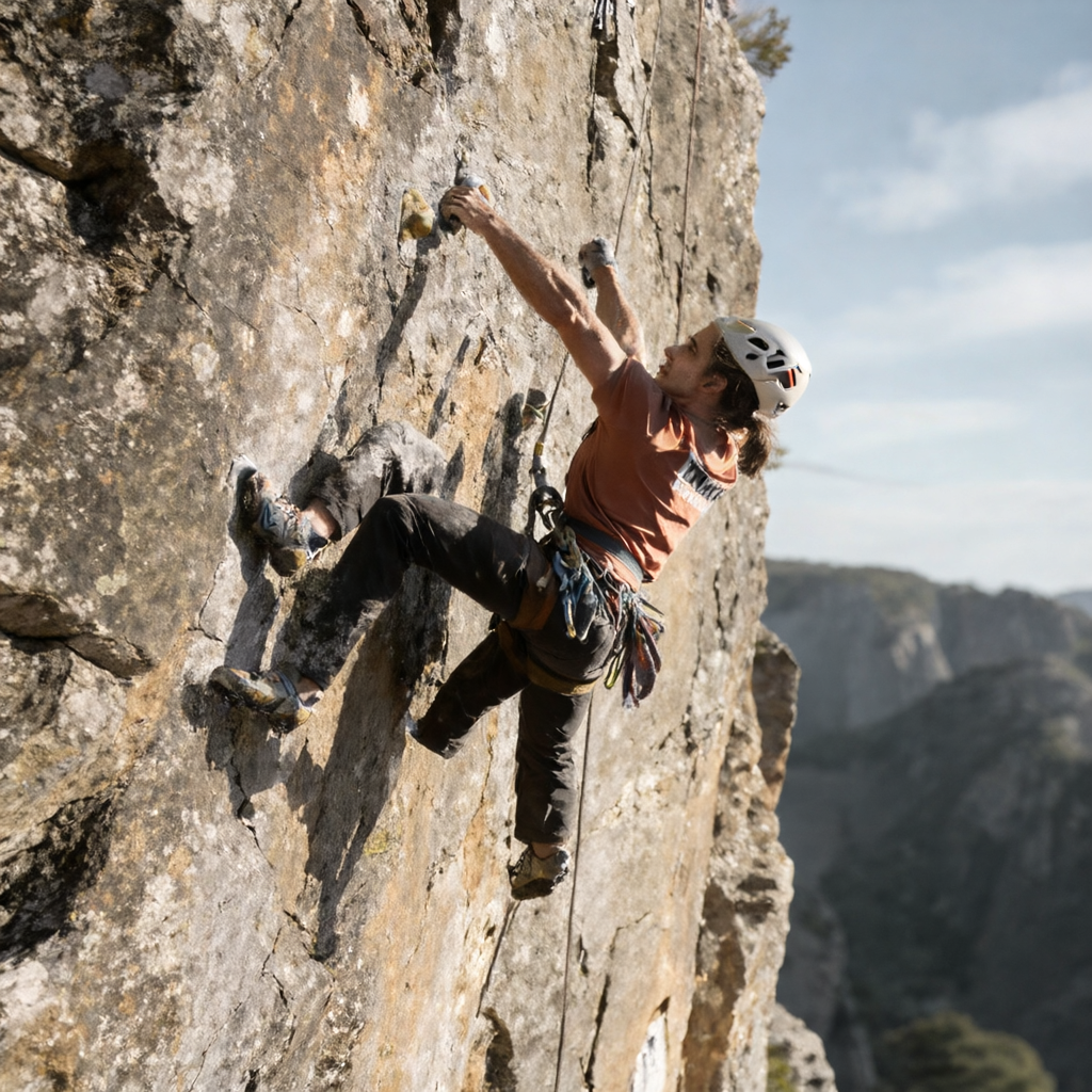 A rock climber clinging to a cliff face with arms and legs e