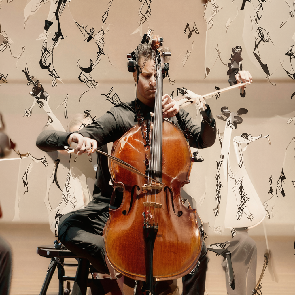 A cellist seated with correct posture, legs around the instr