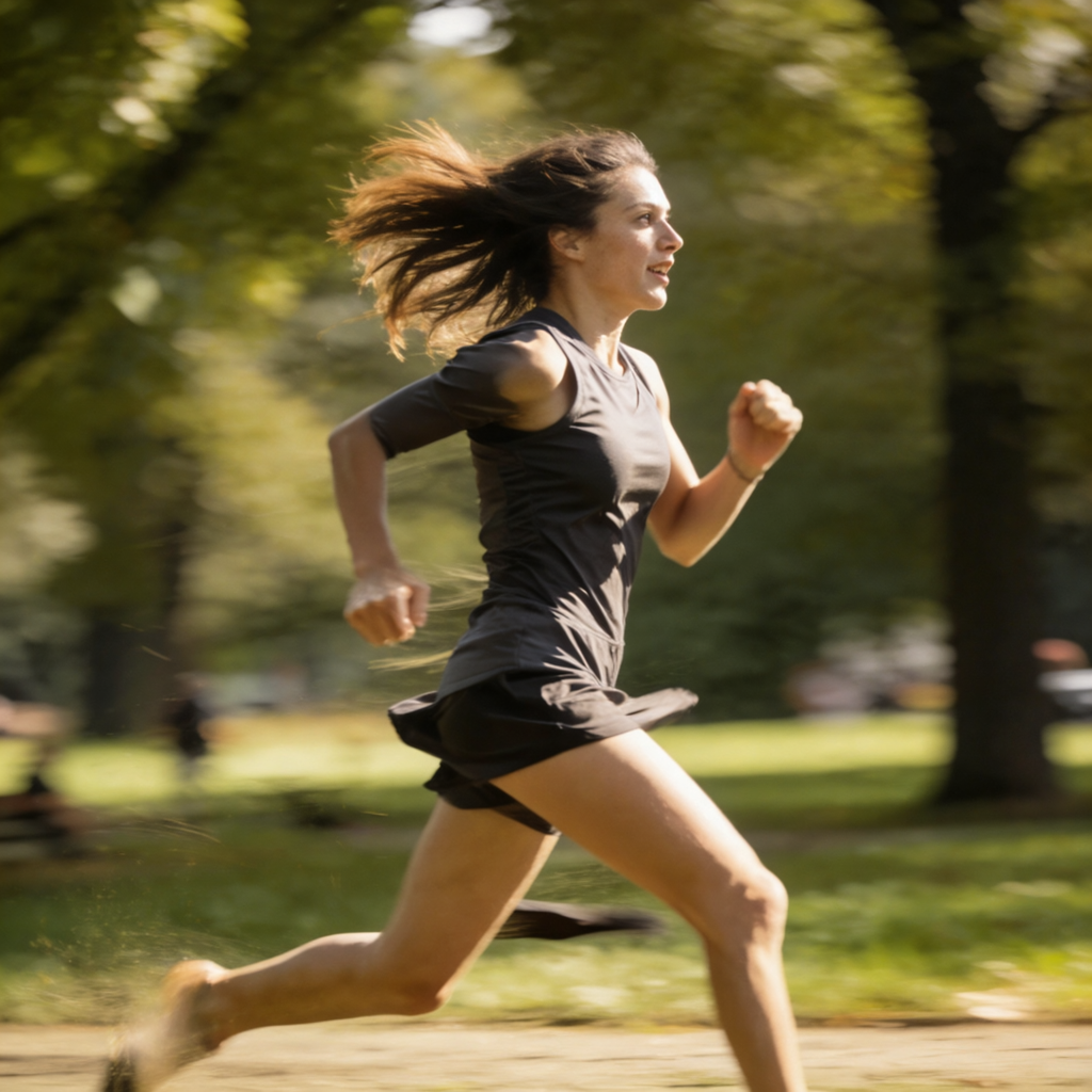 A woman mid-stride running through a park, hair and clothes 