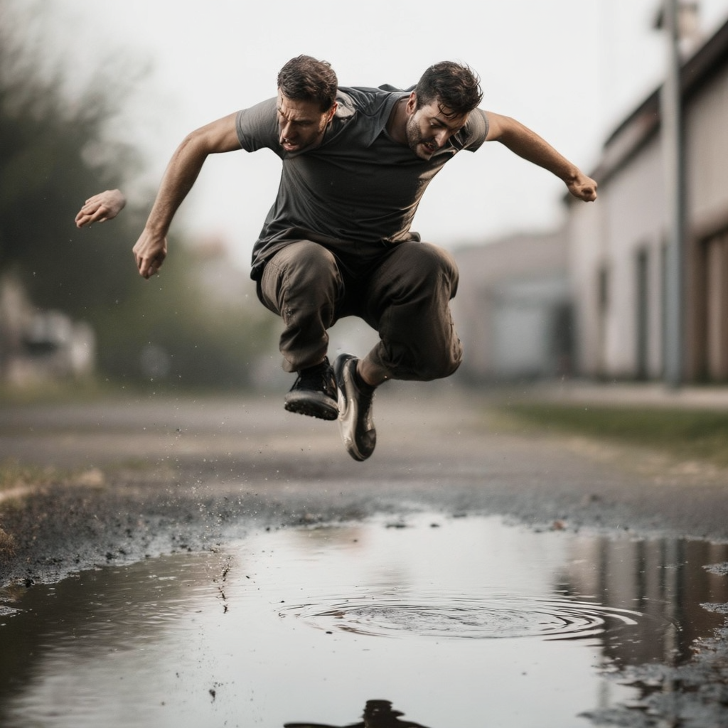 A man captured mid-jump over a puddle, body in the air with 