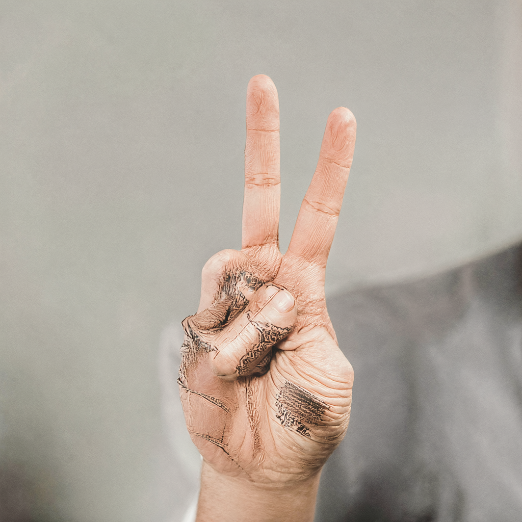 A person making a peace sign with their right hand, clearly 