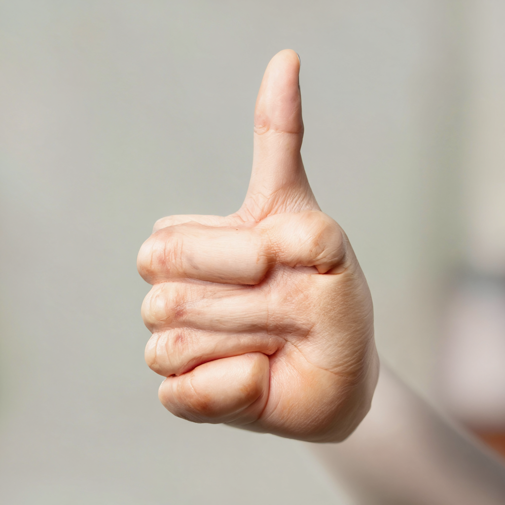 A hand giving a thumbs-up with four fingers curled and thumb