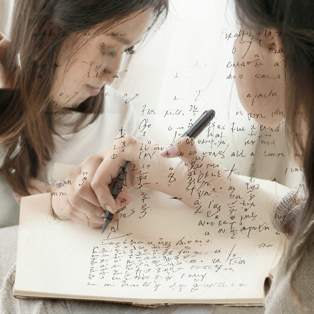A woman writing in a notebook with a pen gripped correctly i