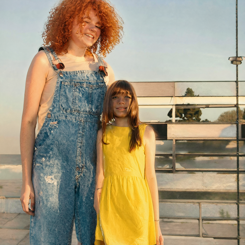 Two friends posing: one tall with curly red hair in denim ov