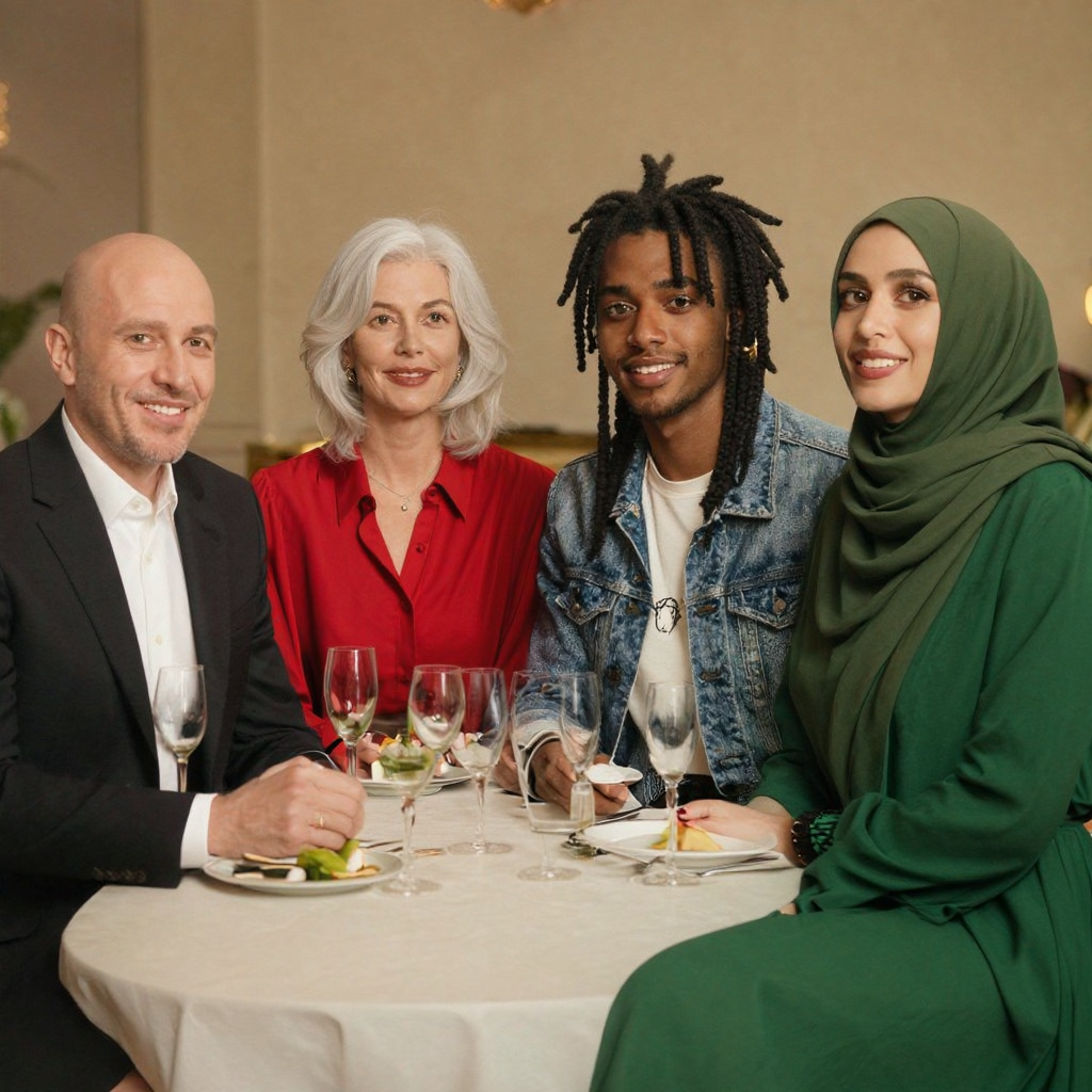 Four people at a dinner table: a bald man in a suit, a woman