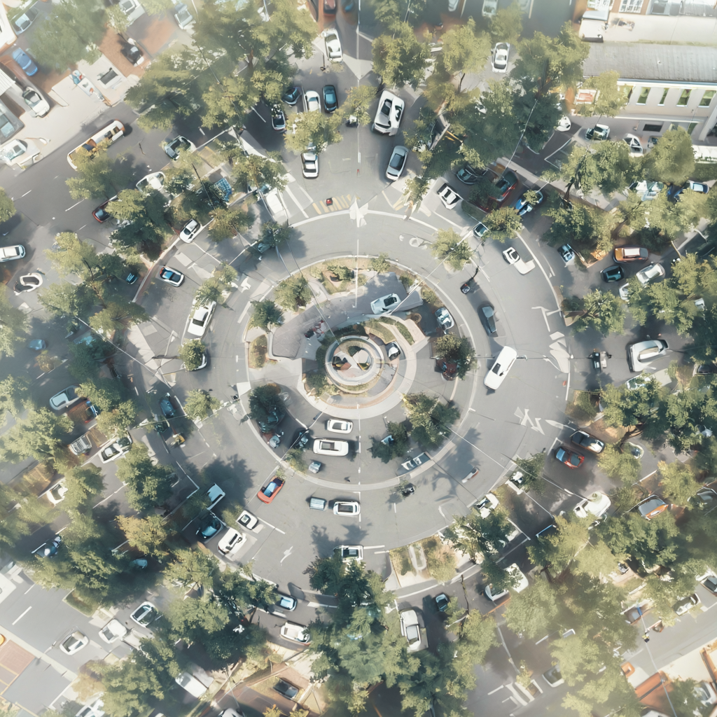 An aerial bird's-eye view looking straight down at a traffic