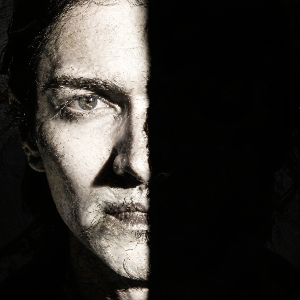 A portrait with dramatic split lighting — half the face brig