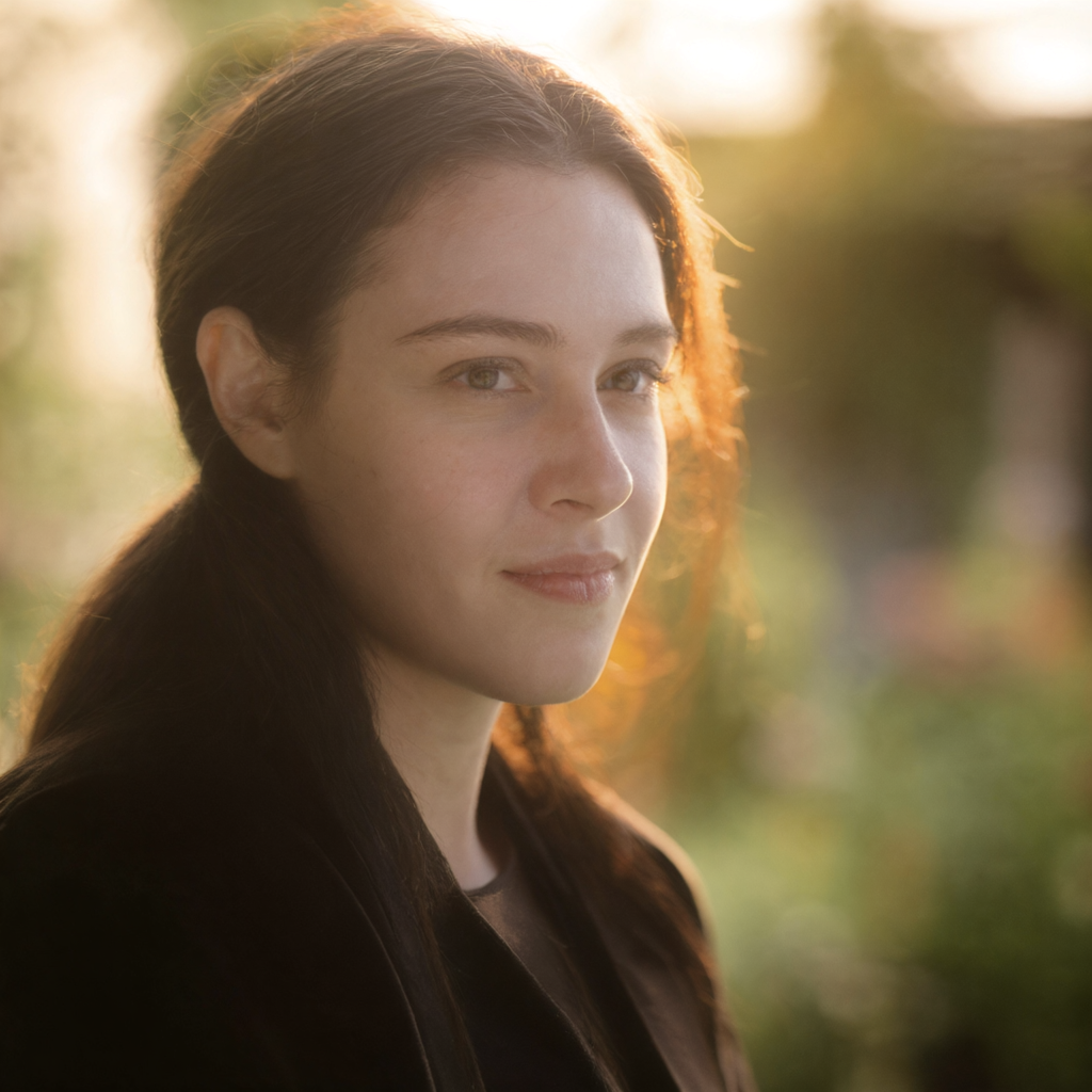 A portrait shot at 85mm f/1.4 with creamy bokeh background, 