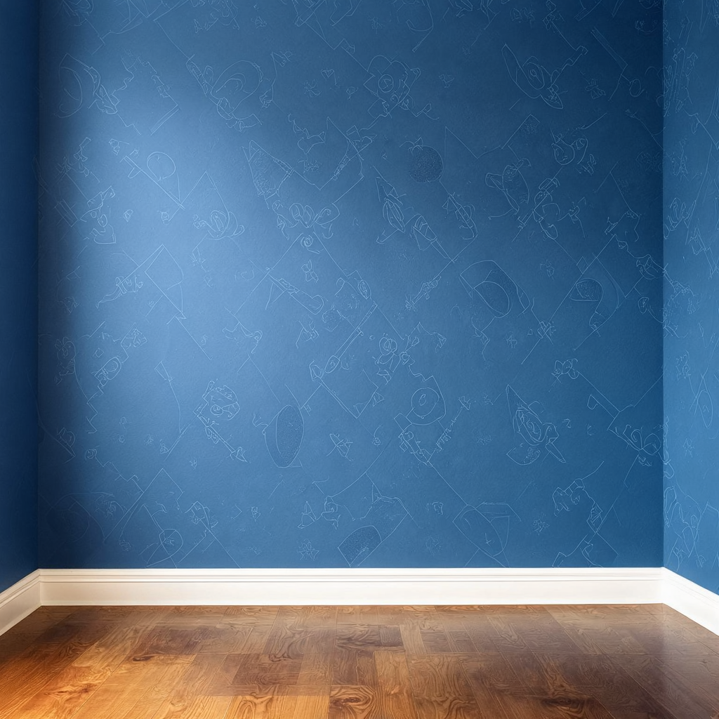 A room with walls in #4A90D9 (medium blue) with warm wooden 