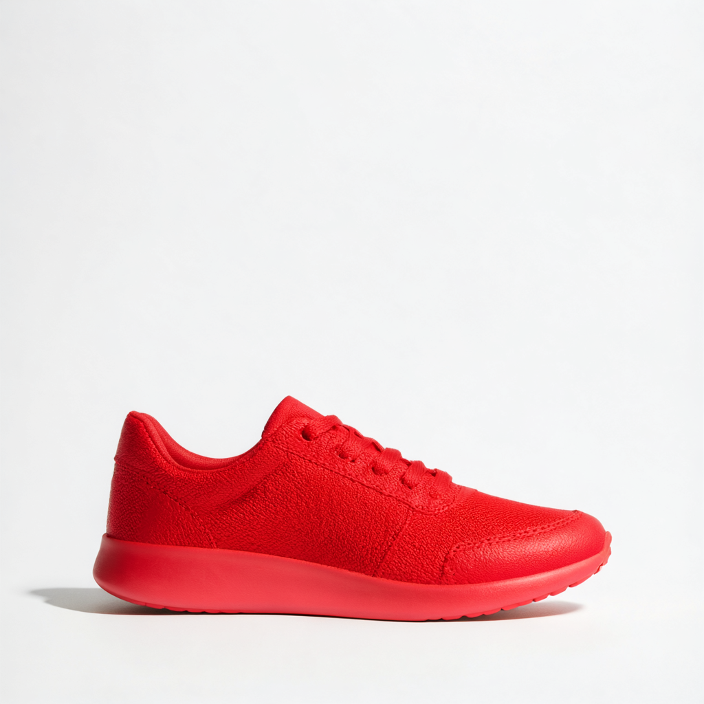 A single red sneaker on a clean white background with soft s