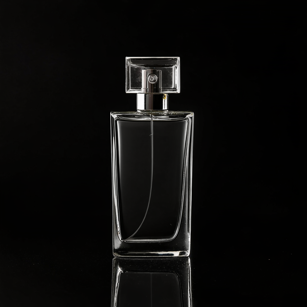 A clear glass perfume bottle on a reflective black surface w