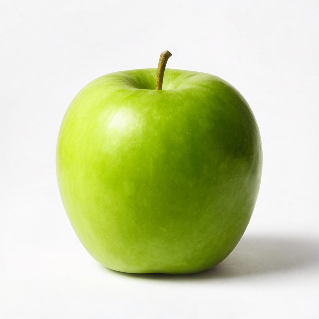 A ripe green apple on a seamless white background with soft 
