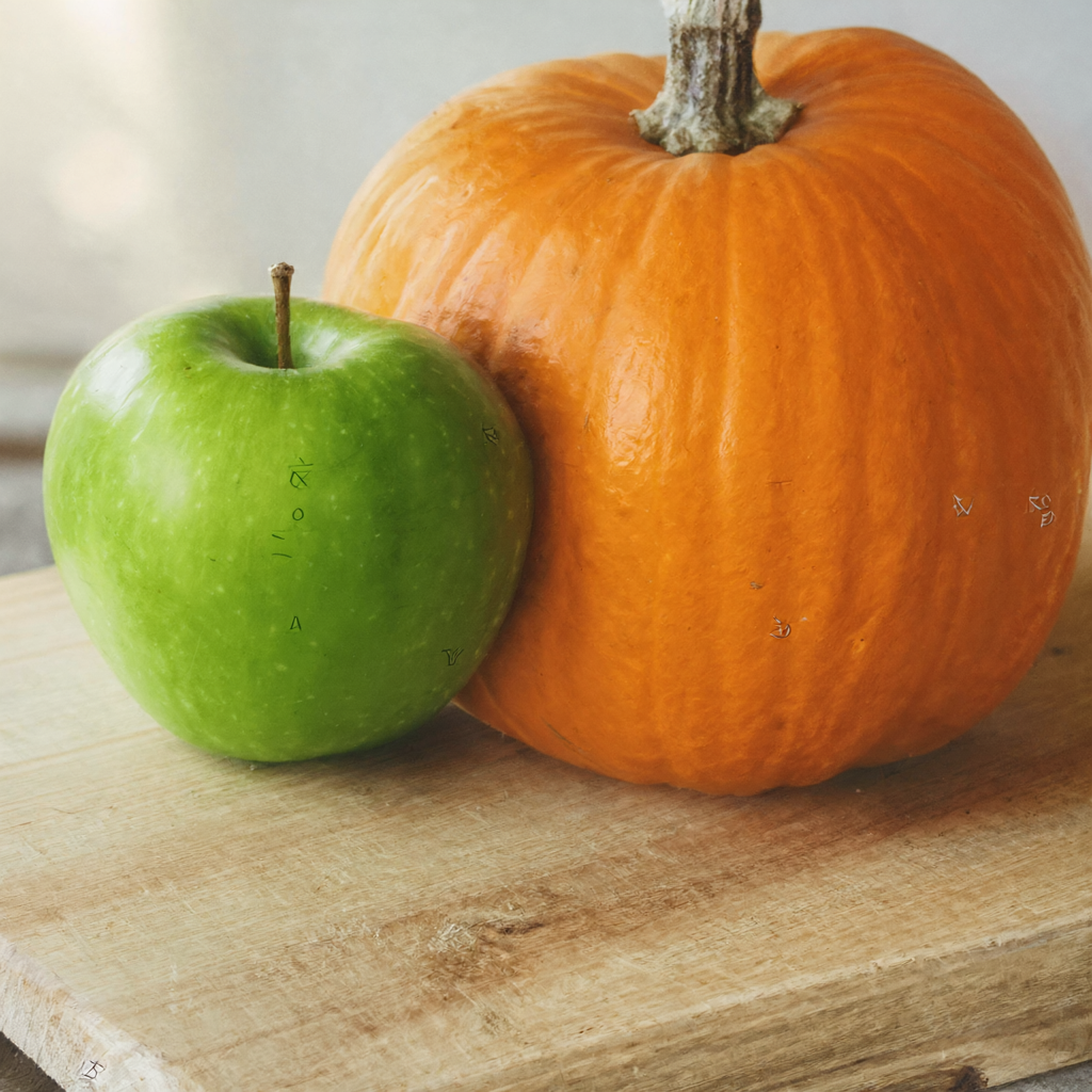 A green apple and an orange pumpkin on a wooden cutting boar