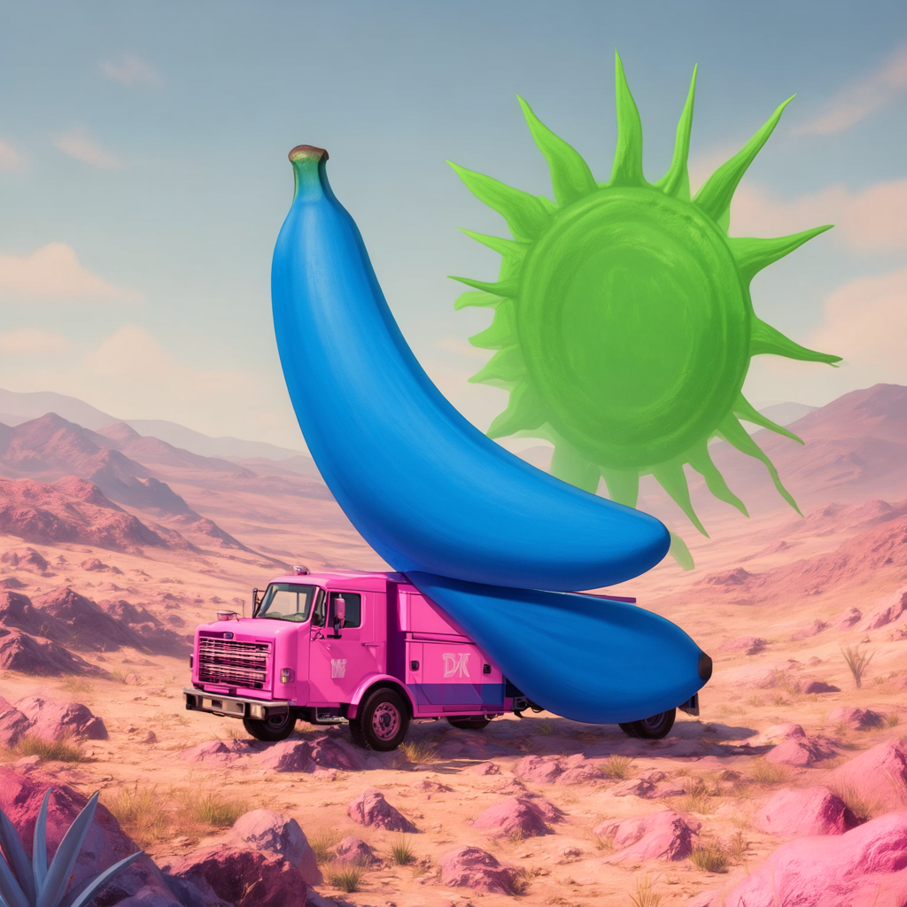 A pink fire truck, a blue banana, and a green sun in a surre