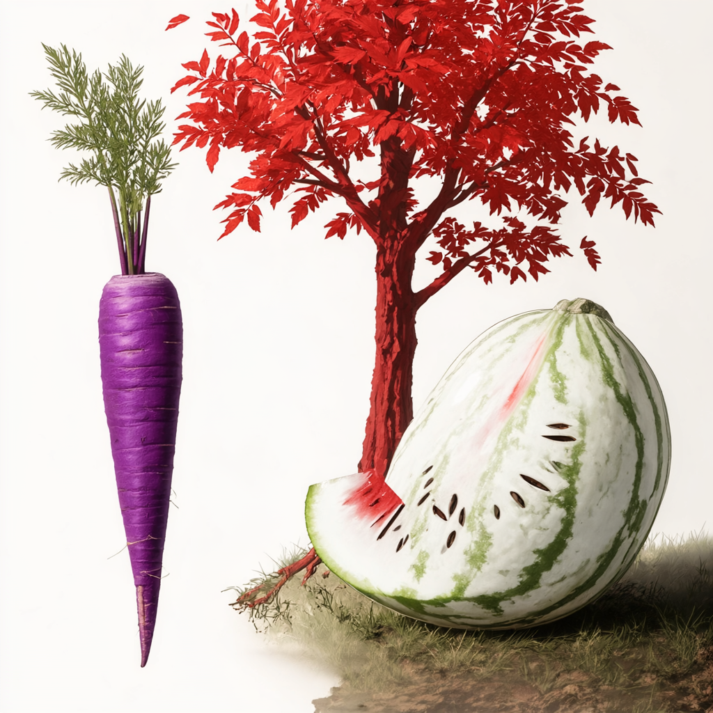 A purple carrot, a red tree with red leaves, and a white wat