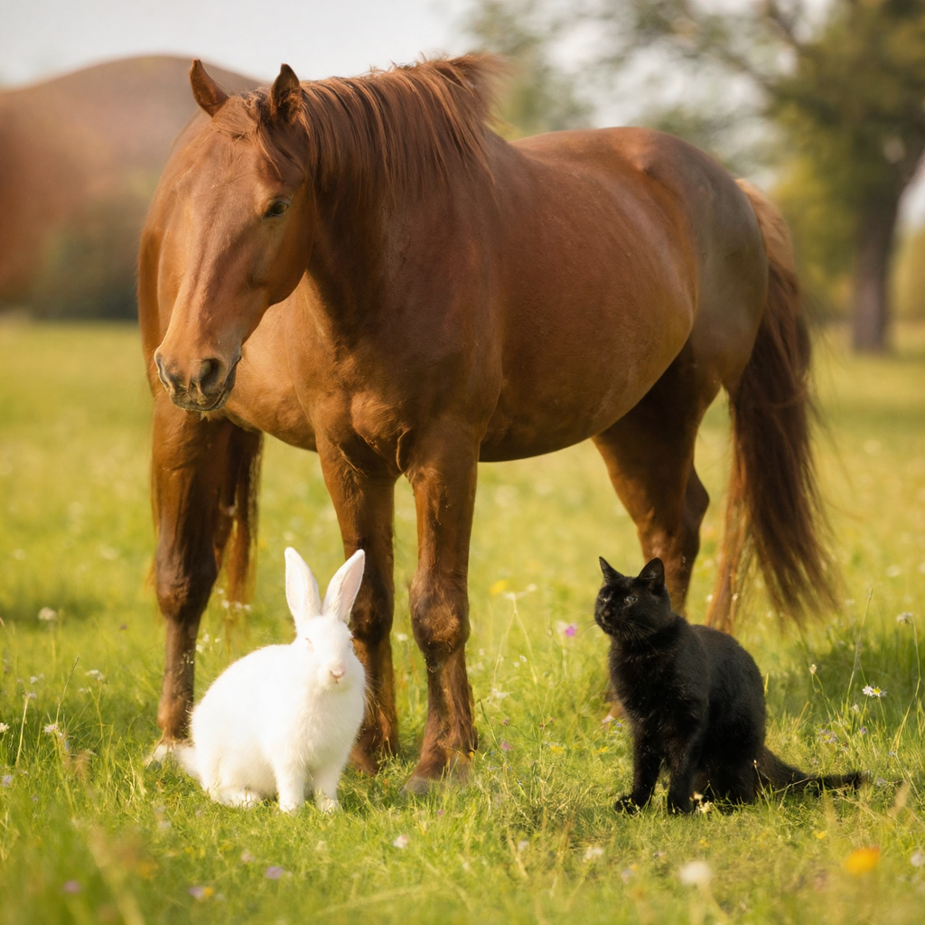A big brown horse, a small white rabbit, and a medium-sized 