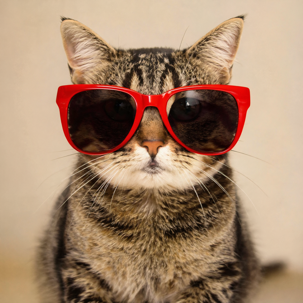 A tabby cat wearing oversized red sunglasses