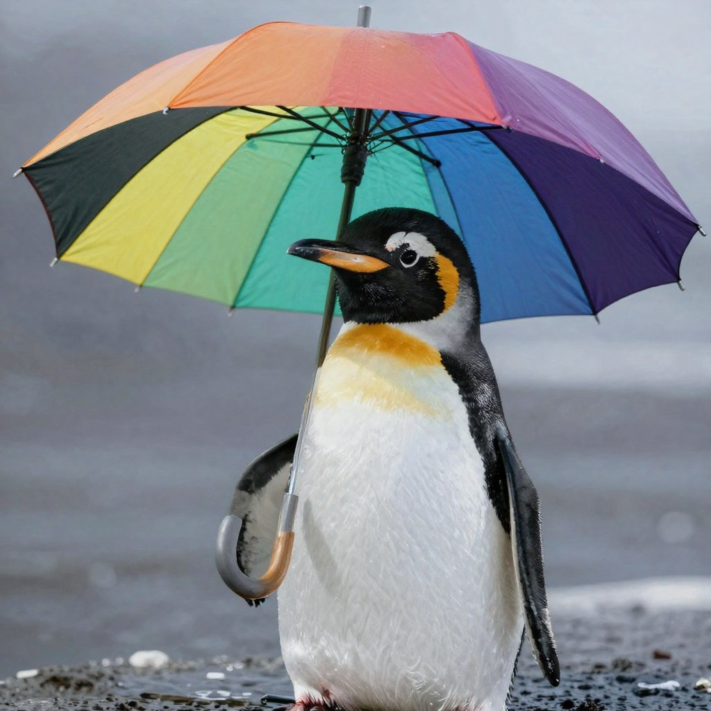 A penguin holding a colorful umbrella