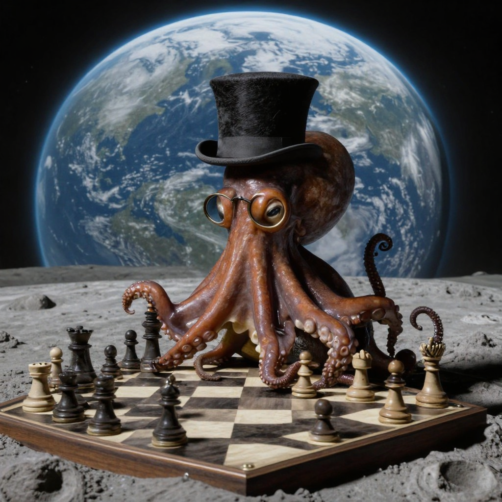 An octopus wearing a top hat and monocle playing chess on th