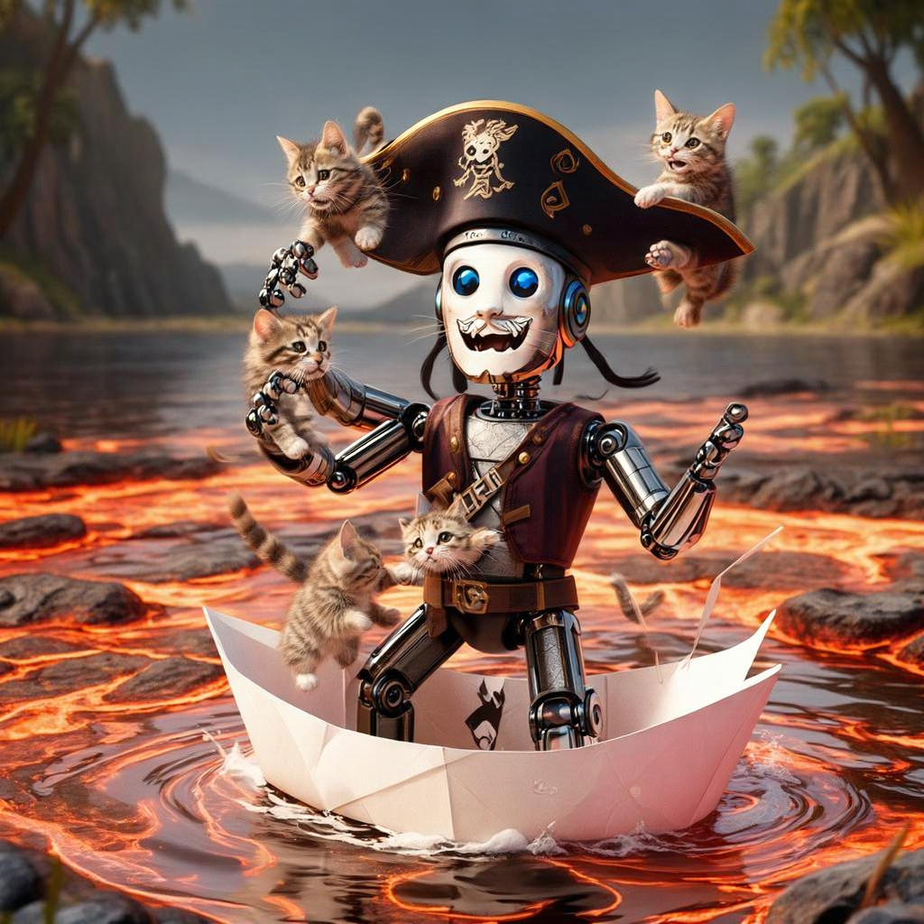 A robot dressed as a pirate sailing a paper boat on a lake o