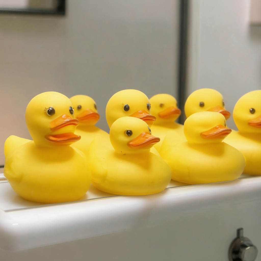Exactly 5 yellow rubber ducks sitting in a row on a bathroom