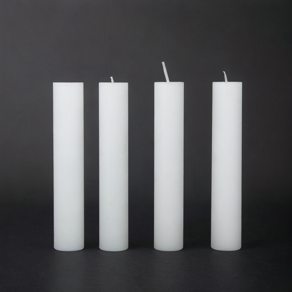 Exactly 4 white candles standing on a dark surface