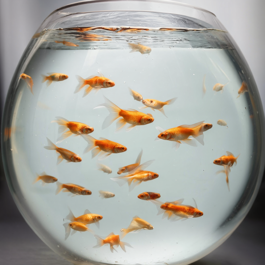 Exactly 9 goldfish swimming in a large round fishbowl