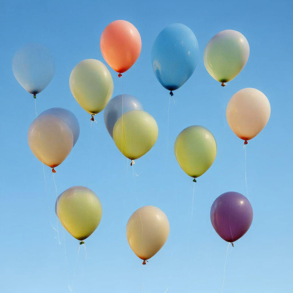 Exactly 11 colorful balloons floating against a clear blue s