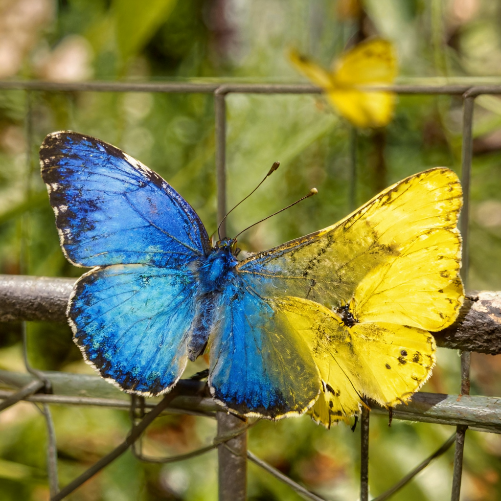 1 blue butterfly and 3 yellow butterflies resting on a garde