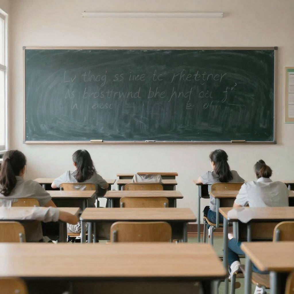 A classroom with desks and a chalkboard but no students