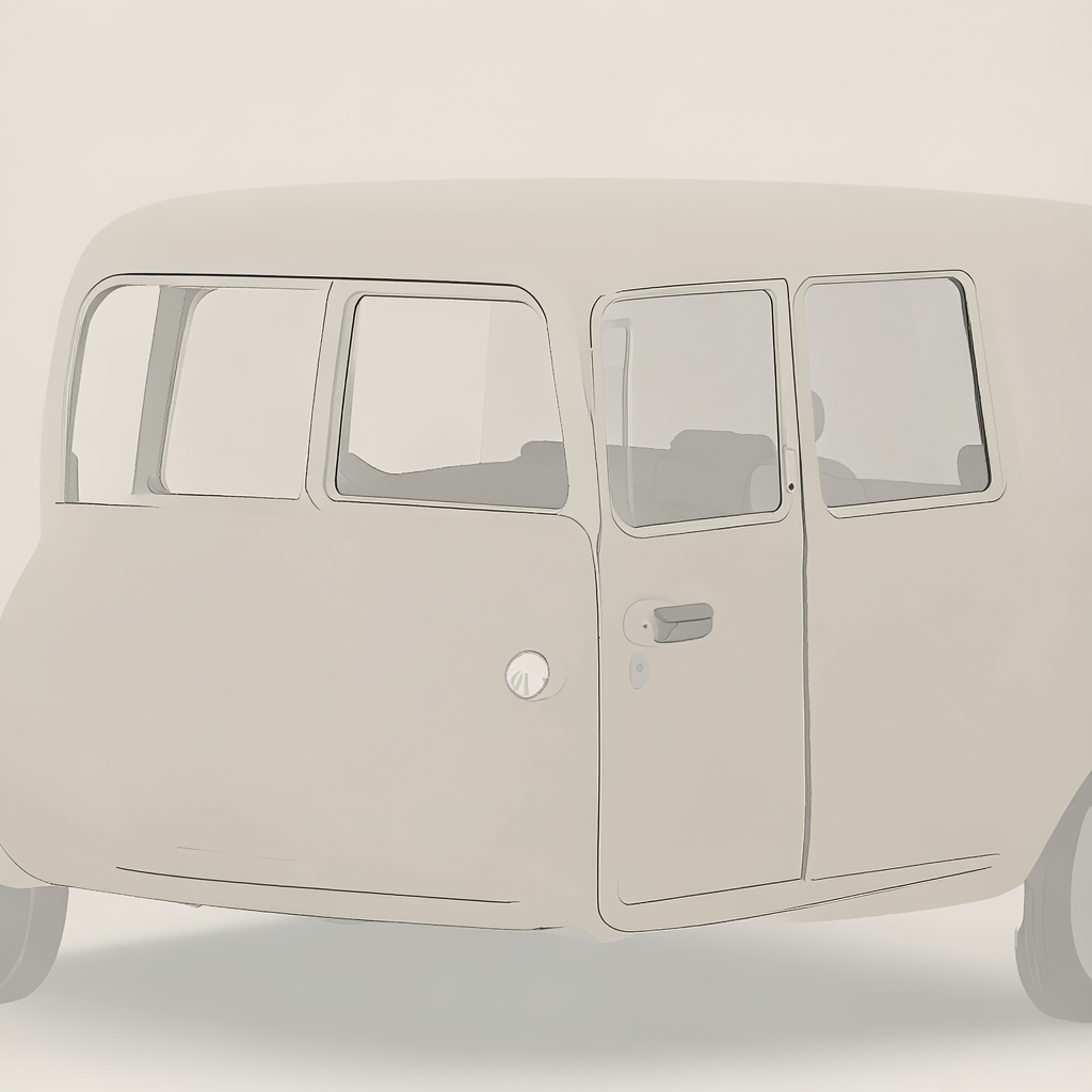 A car body with windows, doors, and headlights but no wheels