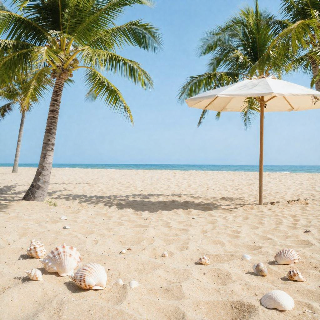 A sandy beach with palm trees, seashells, and a beach umbrel