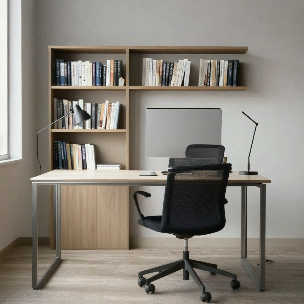 An office workspace with a desk, chair, bookshelf, and lamp 