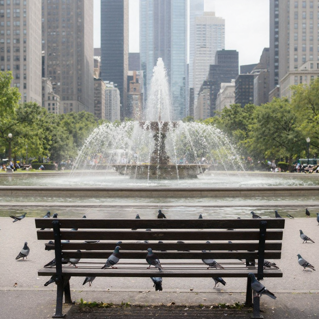 A city park with a park bench and pigeons in the foreground,
