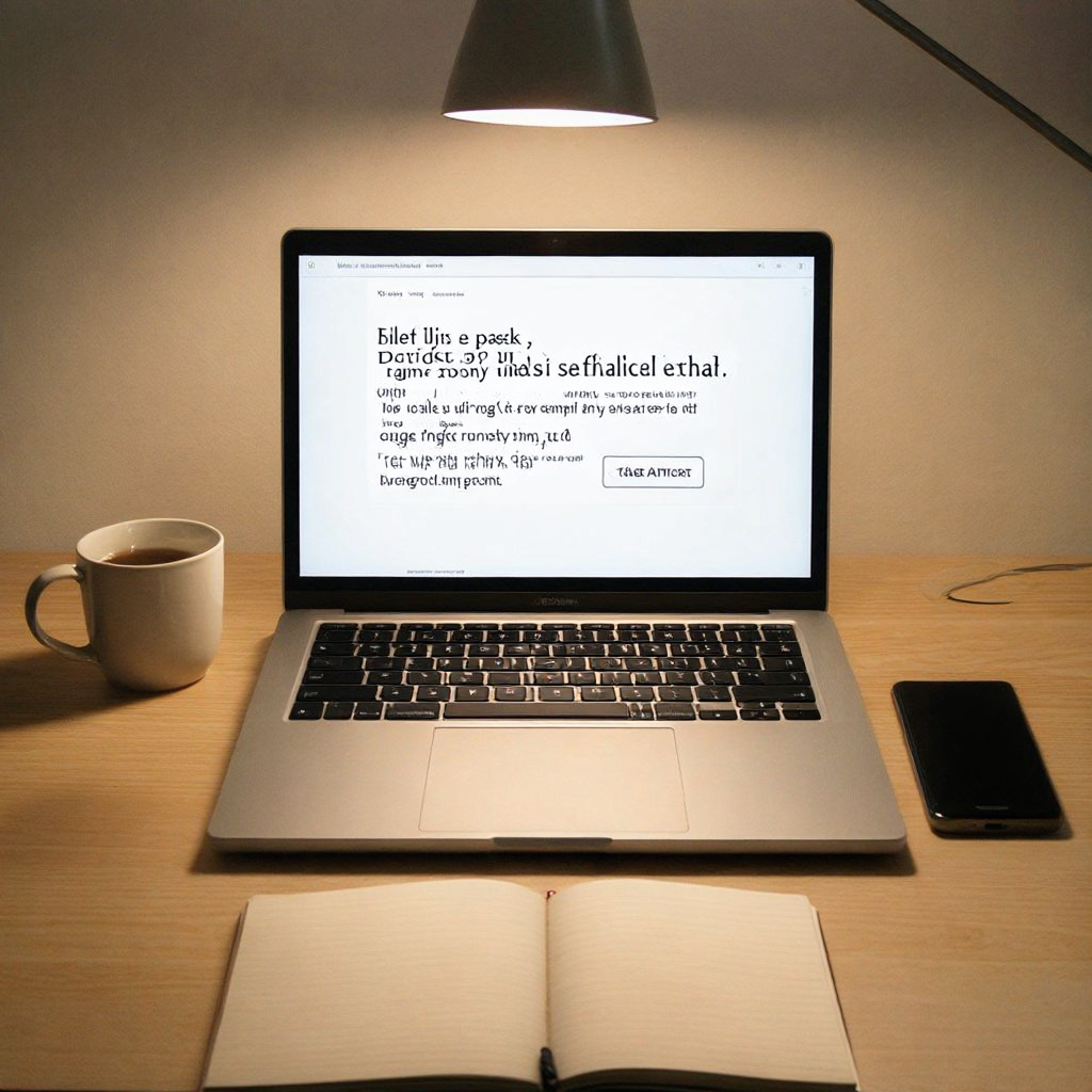 A desk scene: laptop in the center, coffee mug to the left, 