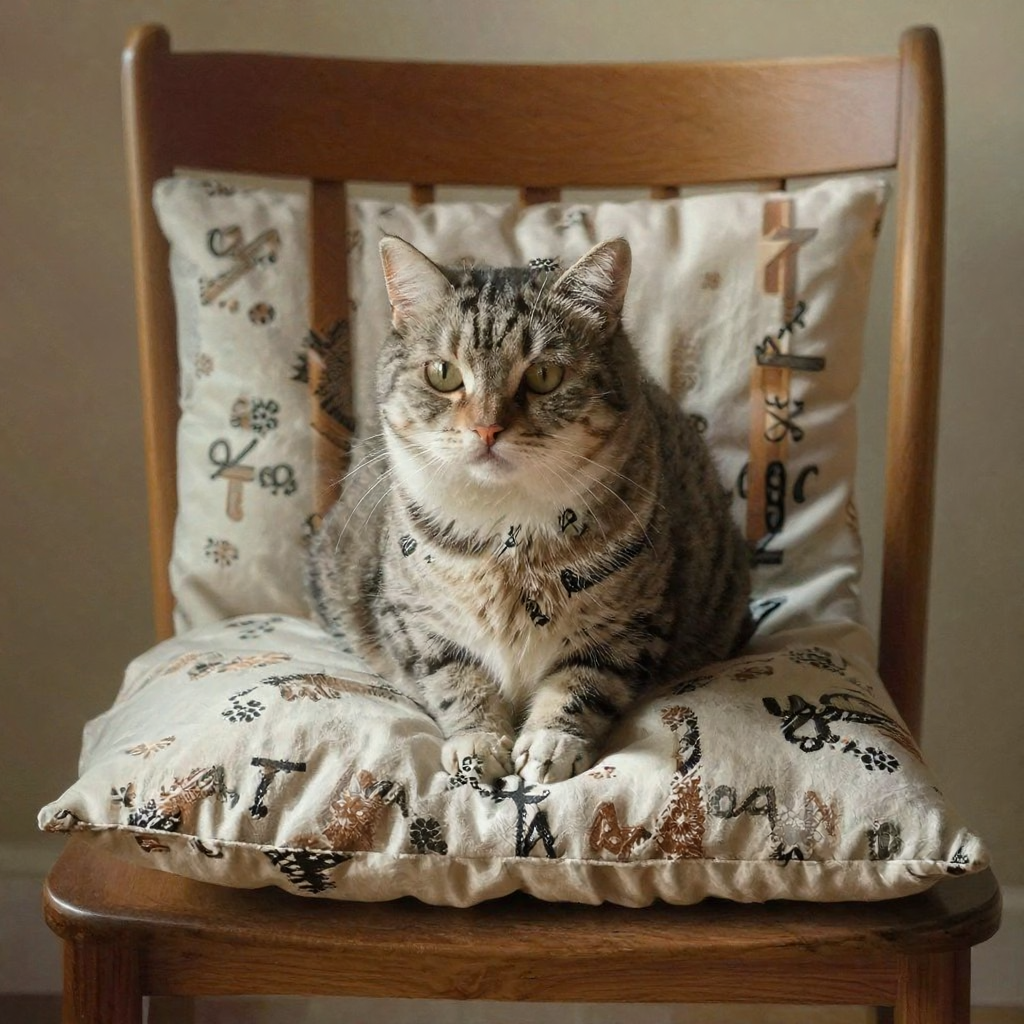 A cat sitting on a pillow, the pillow placed on a wooden cha