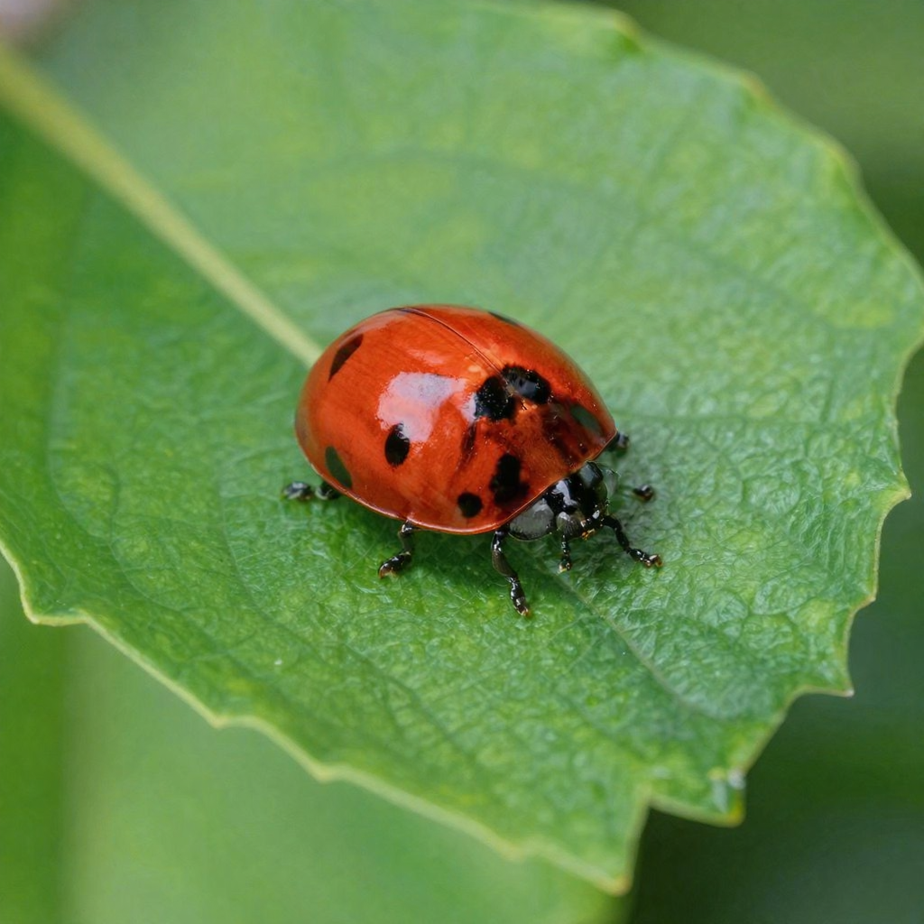 A ladybug sitting on a large green leaf, shown at realistic 