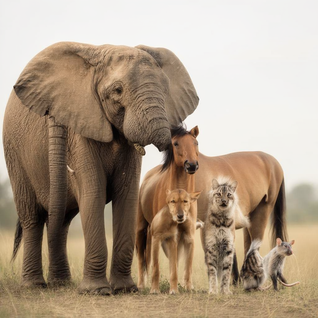 A group photo of an elephant, a horse, a dog, a cat, and a m