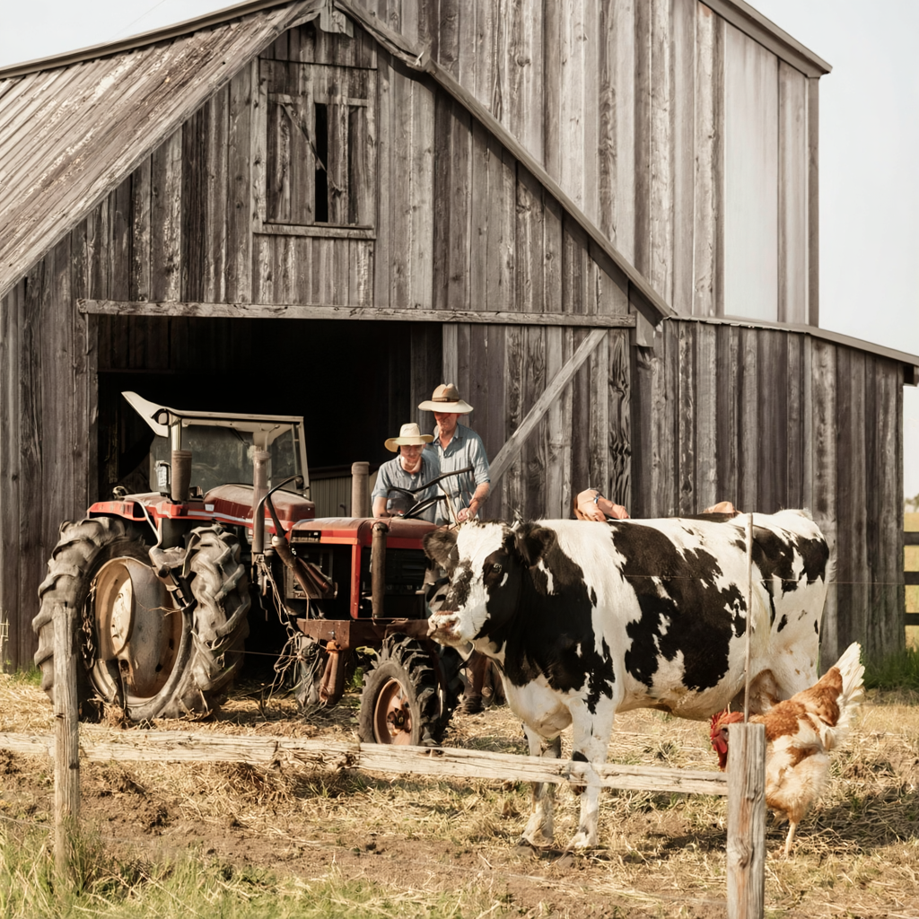 A farm scene with a barn, tractor, farmer, cow, chicken, and