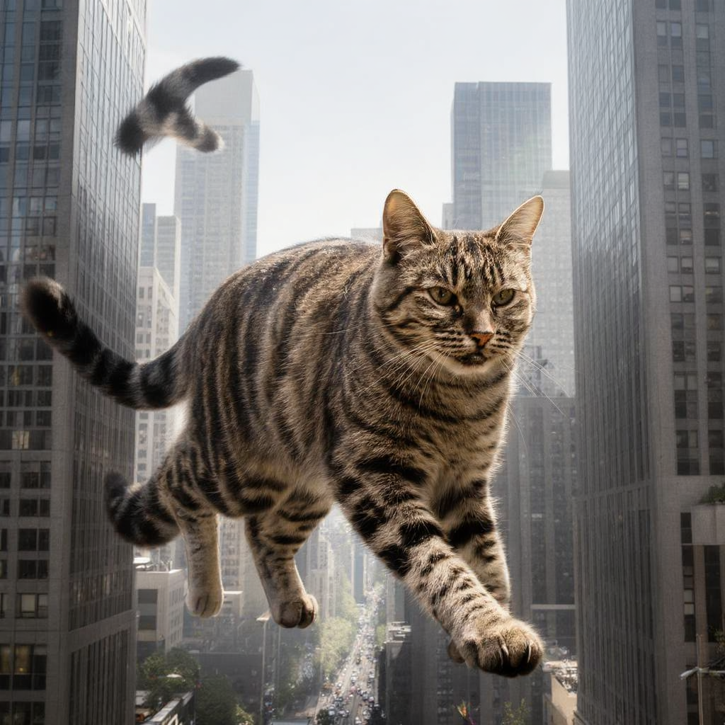 A giant tabby cat walking between city skyscrapers like a ka