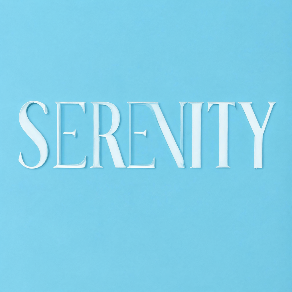 The word 'SERENITY' written large and centered on a solid li