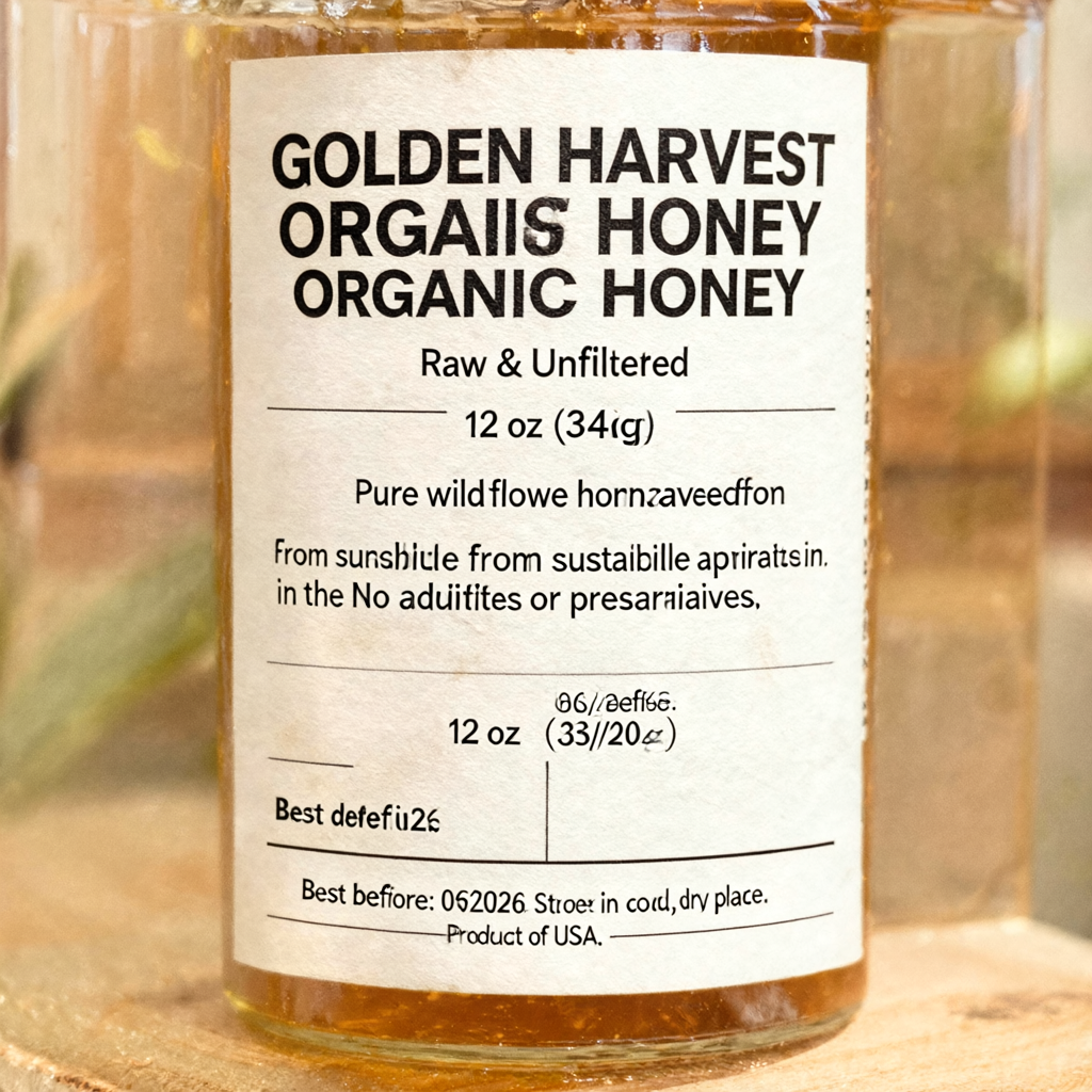 A product label for 'GOLDEN HARVEST ORGANIC HONEY' with subt