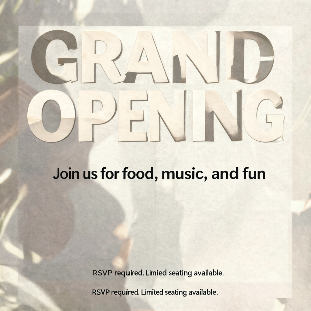 A flyer with large title 'GRAND OPENING', subtitle 'Join us 