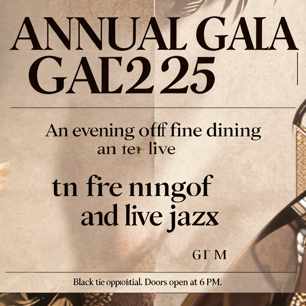An event banner with headline 'ANNUAL GALA 2025' at the top 