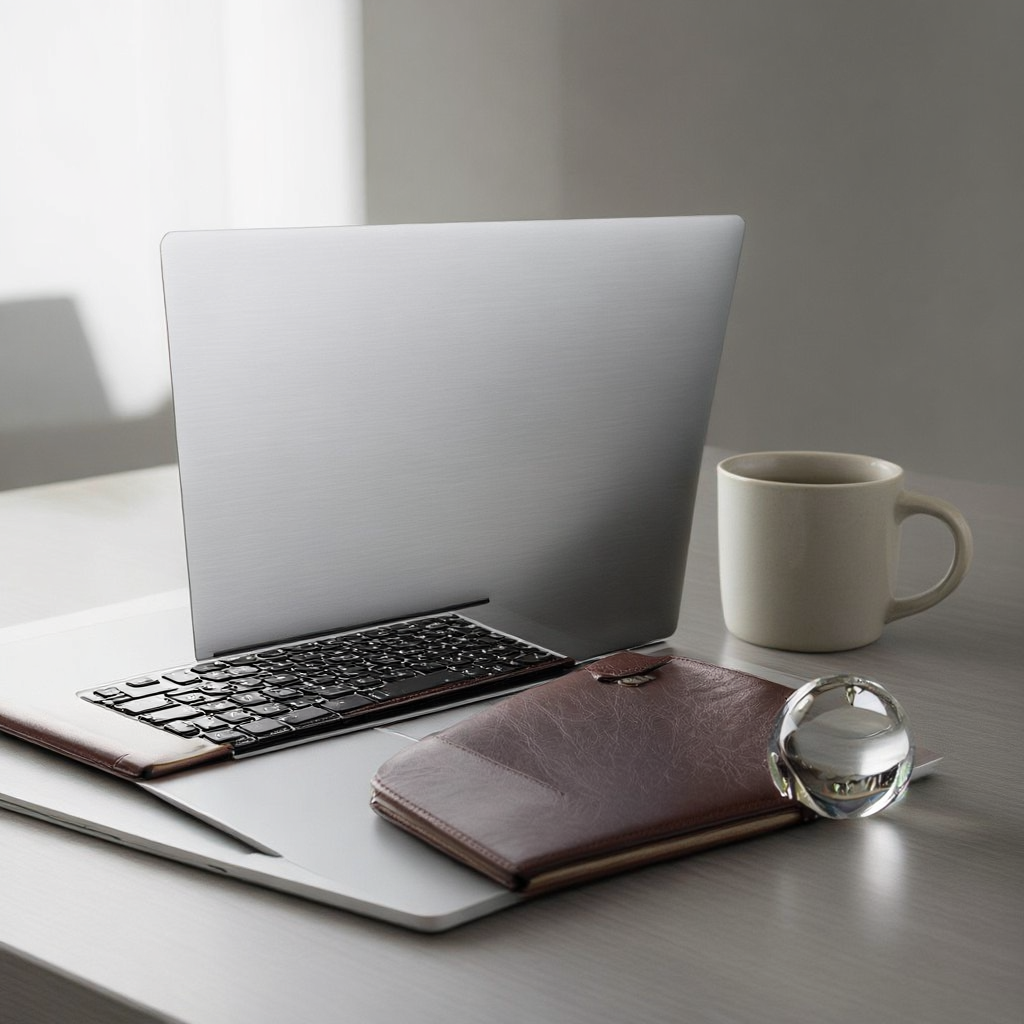 A workspace desk with a brushed aluminum laptop, a leather-b